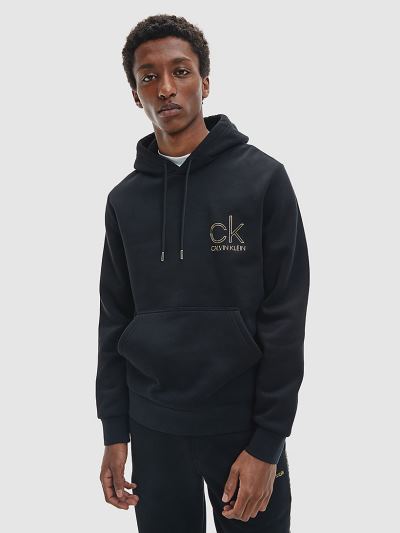 Calvin Klein Ruhák HU614360 | Calvin Klein Organic Cotton Metallic Logo Férfi Kapucnis Pulóver Feket